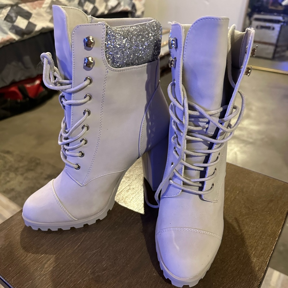 Light grey lace up, boot with 4 inch heel, with silver glitter.